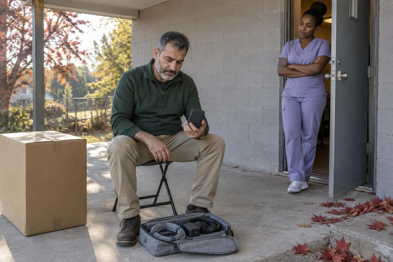 A consultant on a clinic back porch holds a small hotspot beside an open light kit bag and an unopened hardware carton in autumn light.