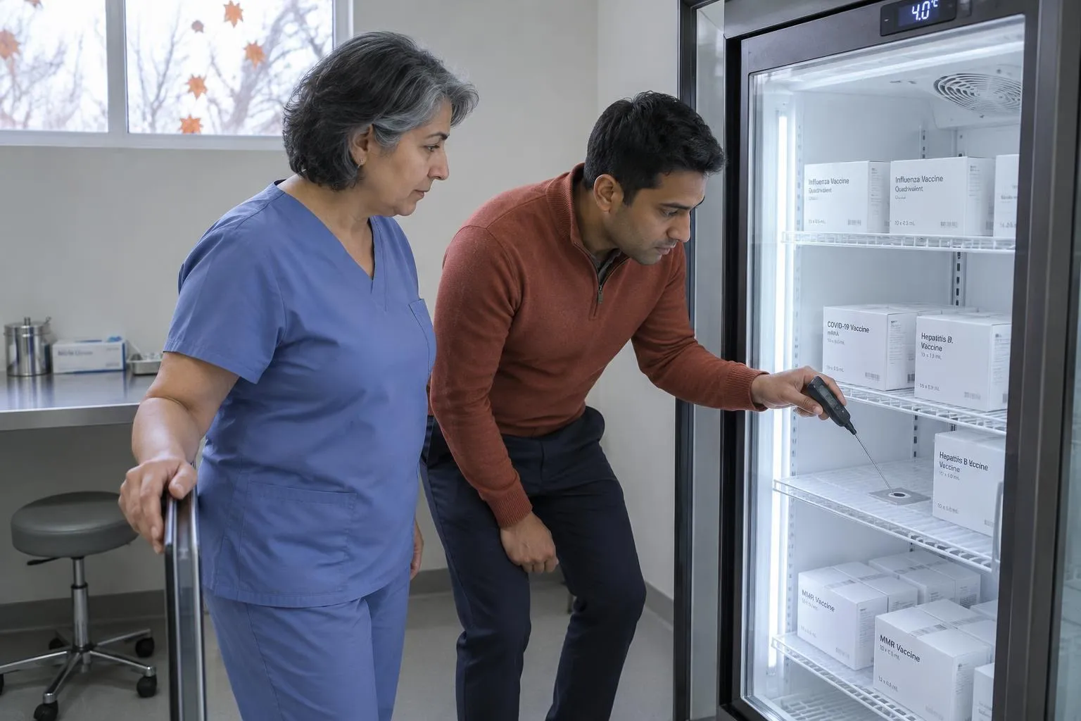 A nurse holds a vaccine refrigerator open while an EHR consultant lowers a reference thermometer probe onto the middle shelf.