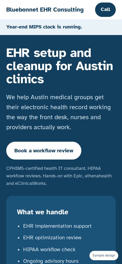 Sample business website, mobile view